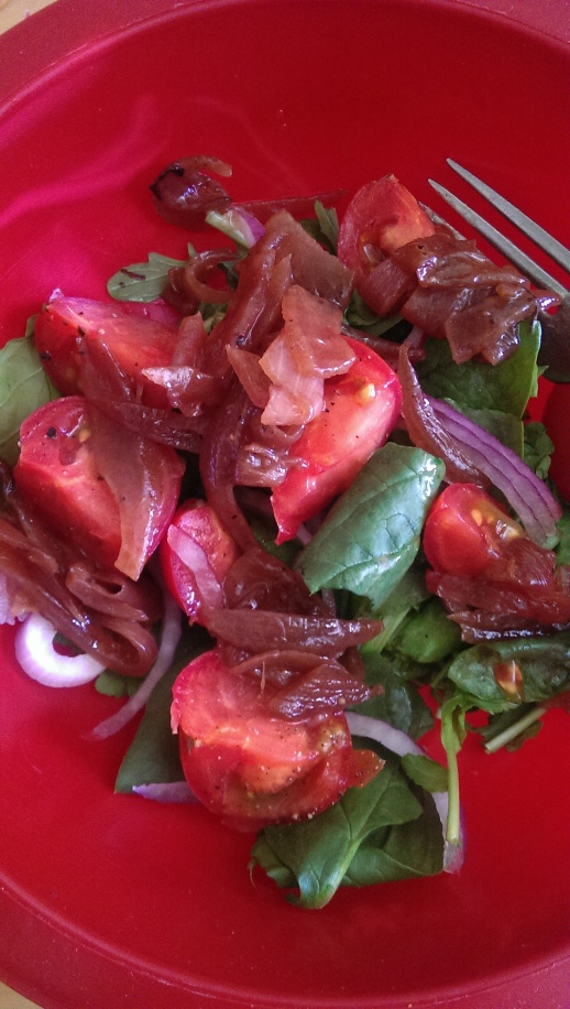Simple salad - spinach from the farm topped with balsamic onions, raw onion and tomatoes. No dressing needed! 